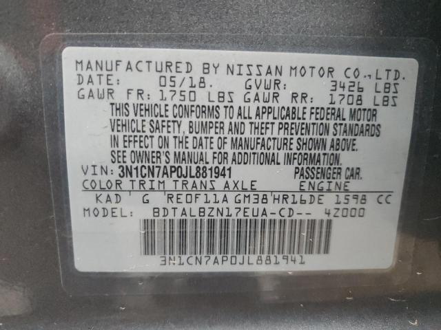 3N1CN7AP0JL881941 - 2018 NISSAN VERSA S GRAY photo 13