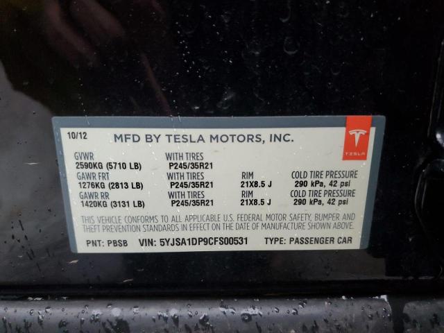5YJSA1DP9CFS00531 - 2012 TESLA MODEL S BLACK photo 12