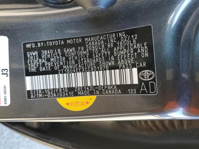 2T1BU4EEXCC801876 - 2012 TOYOTA COROLLA BASE GRAY photo 12