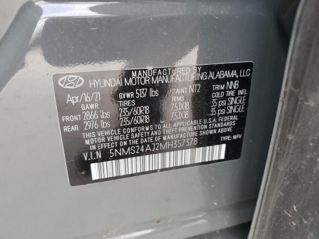 5NMS24AJ2MH357378 - 2021 HYUNDAI SANTA FE SEL Մոխրագույն լուսանկար 14