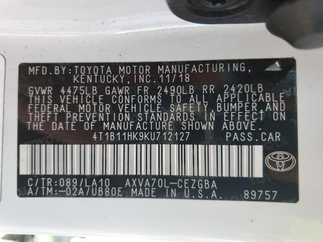 4T1B11HK9KU712127 - 2019 TOYOTA CAMRY L WHITE photo 12