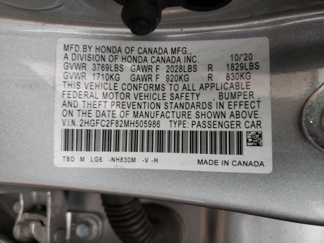 2HGFC2F82MH505986 - 2021 HONDA CIVIC SPORT 银色 照片 12
