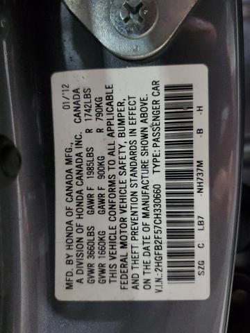 2HGFB2F57CH330660 - 2012 HONDA CIVIC LX CHARCOAL photo 12