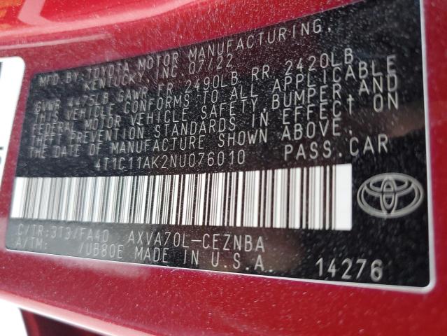 4T1C11AK2NU076010 - 2022 TOYOTA CAMRY LE RED photo 12