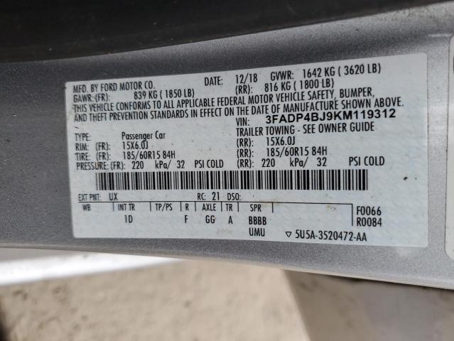 3FADP4BJ9KM119312 - 2019 FORD FIESTA SE SILVER photo 12