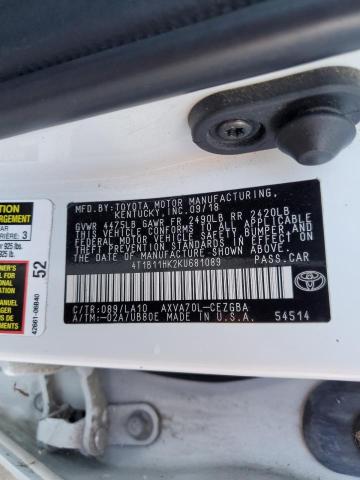 4T1B11HK2KU681089 - 2019 TOYOTA CAMRY L WHITE photo 12