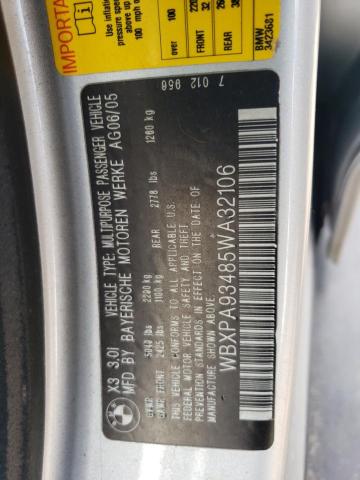 WBXPA93485WA32106 - 2005 BMW X3 3.0I SILVER photo 12