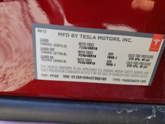 5YJSA1DN4CFS00189 - 2012 TESLA MODEL S Կարմիր լուսանկար 12