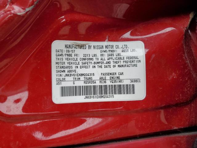 JNKBV61EX8M204315 - 2008 INFINITI G35 RED photo 12