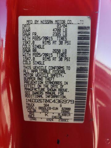 1N6DD26T04C436979 - 2004 NISSAN FRONTIER KING CAB XE RED photo 12
