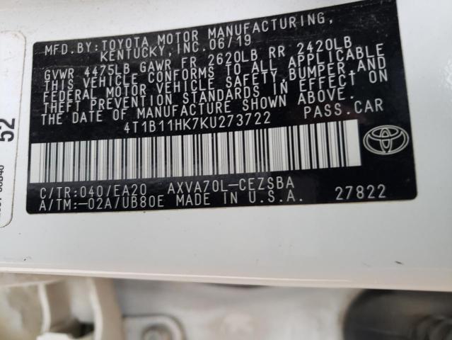 4T1B11HK7KU273722 - 2019 TOYOTA CAMRY L WHITE photo 12