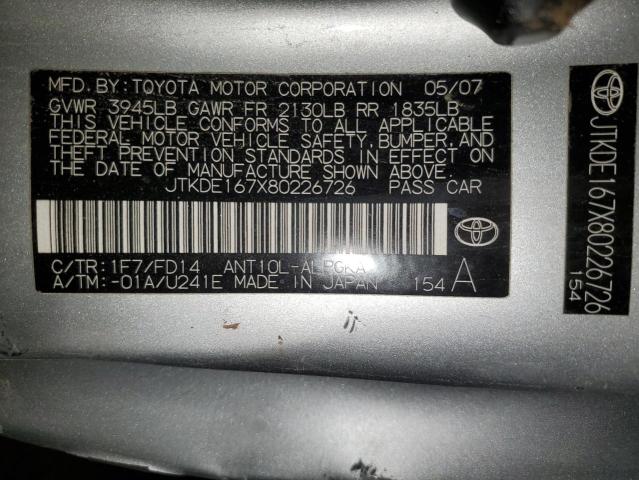 JTKDE167X80226726 - 2008 TOYOTA SCION TC ვერცხლისფერი ფოტო 12