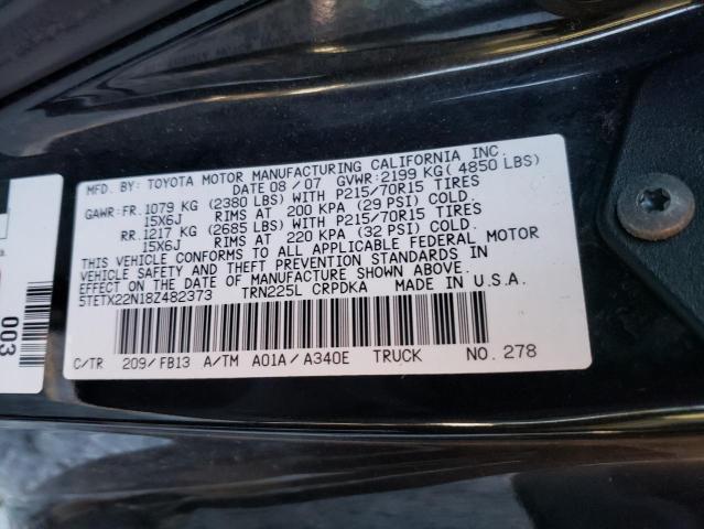 5TETX22N18Z482373 - 2008 TOYOTA TACOMA ACCESS CAB შავი ფოტო 12