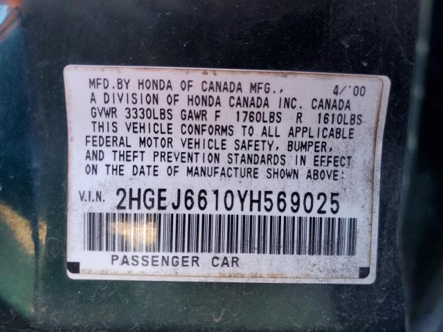 2HGEJ6610YH569025 - 2000 HONDA CIVIC BASE Yaşıl foto 12