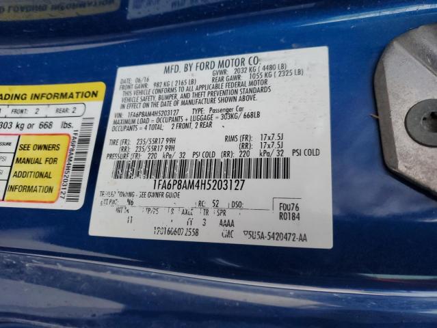 1FA6P8AM4H5203127 - 2017 FORD MUSTANG BLUE photo 12