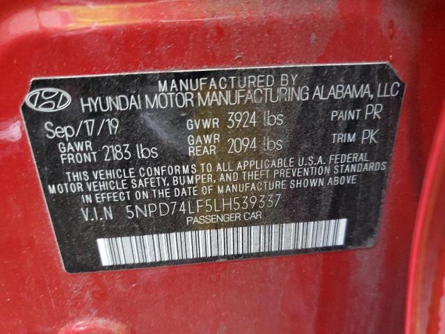 5NPD74LF5LH539337 - 2020 HYUNDAI ELANTRA SE RED photo 12