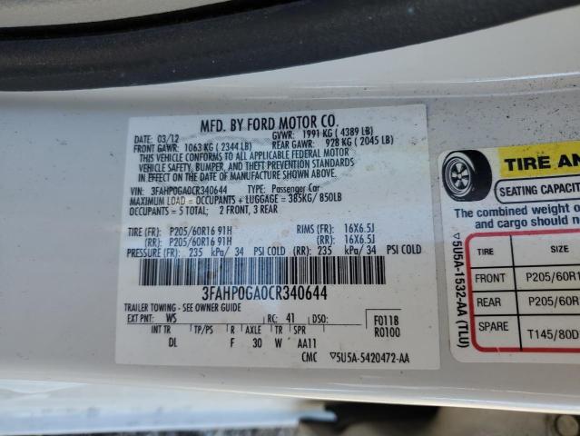 3FAHP0GA0CR340644 - 2012 FORD FUSION S WHITE photo 12