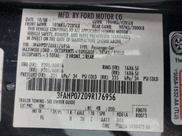 3FAHP07Z09R176956 - 2009 FORD FUSION SE BLACK photo 13