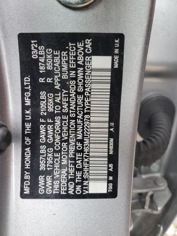 SHHFK7H63MU222978 - 2021 HONDA CIVIC EX SILVER photo 12