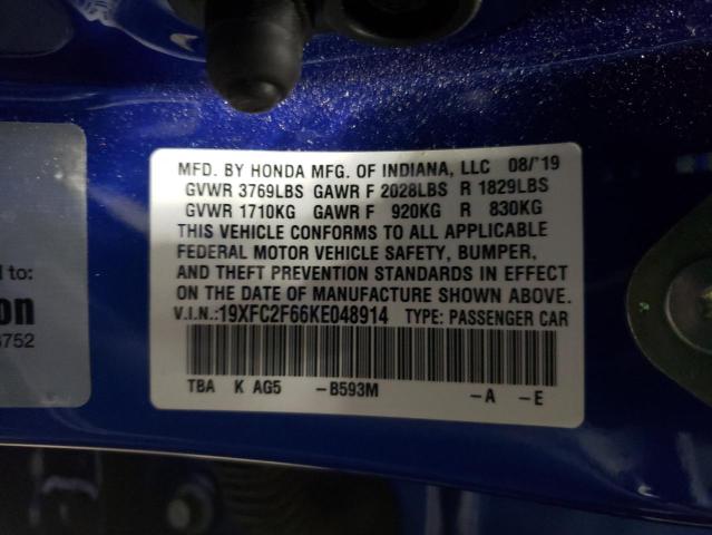 19XFC2F66KE048914 - 2019 HONDA CIVIC LX BLUE photo 12