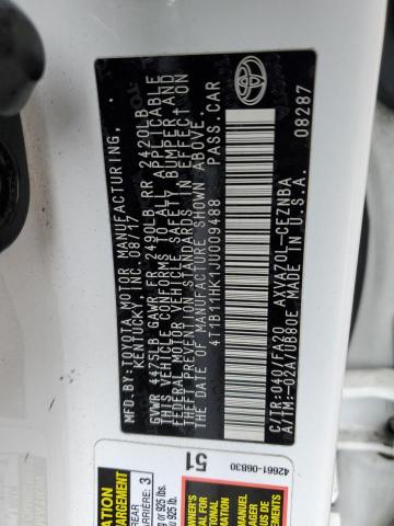 4T1B11HK1JU009488 - 2018 TOYOTA CAMRY L WHITE photo 12