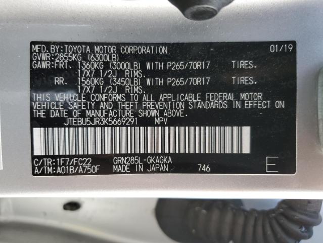 JTEBU5JR3K5669291 - 2019 TOYOTA 4RUNNER SR5 SILVER photo 13