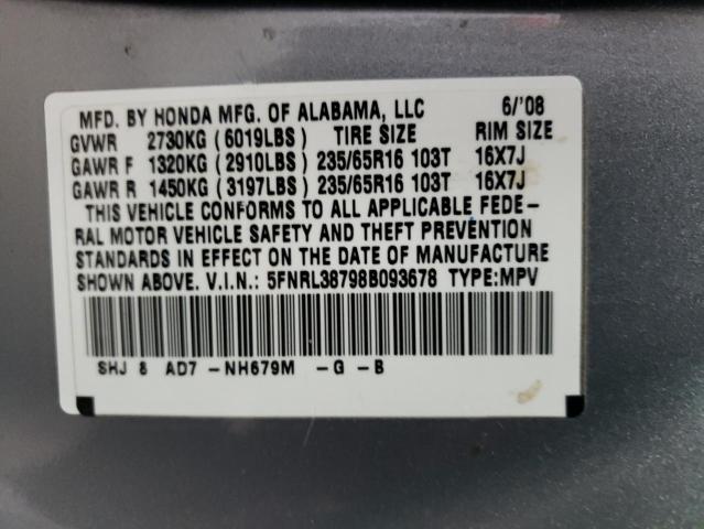 5FNRL38798B093678 - 2008 HONDA ODYSSEY EX SILVER photo 14