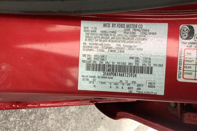 3FAHP08146R125934 - 2006 FORD FUSION SEL RED photo 10