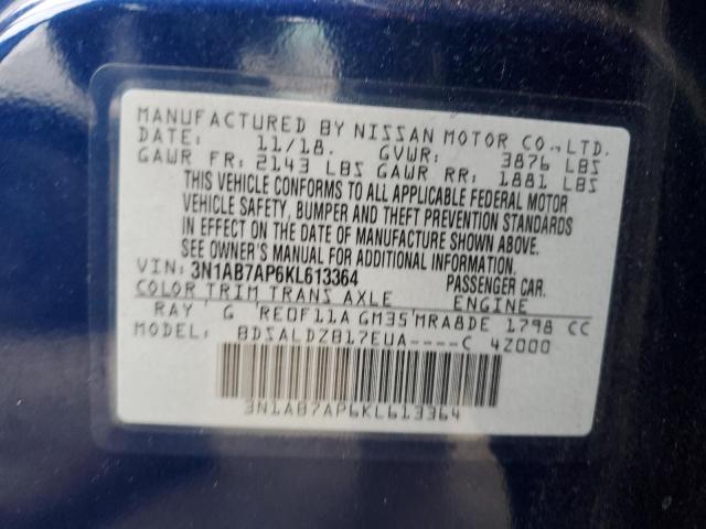 3N1AB7AP6KL613364 - 2019 NISSAN SENTRA S BLUE photo 13