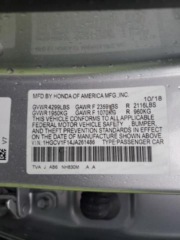 1HGCV1F14JA261486 - 2018 HONDA ACCORD LX GRAY photo 12