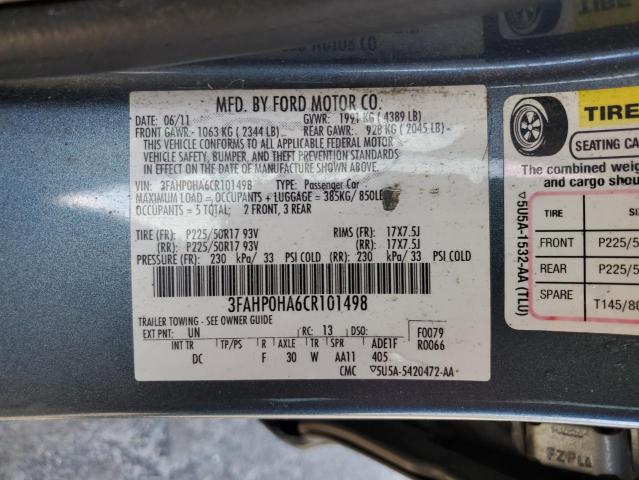 3FAHP0HA6CR101498 - 2012 FORD FUSION SE TEAL photo 12