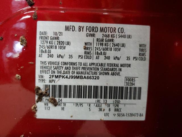 2FMPK4J99MBA66320 - 2021 FORD EDGE SEL RED photo 12