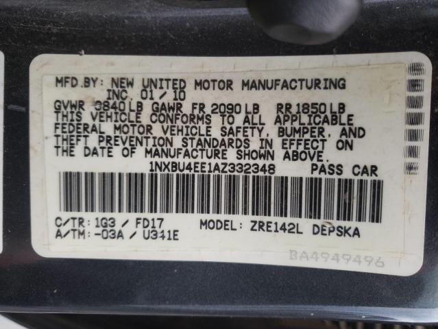 1NXBU4EE1AZ332348 - 2010 TOYOTA COROLLA BASE GRAY photo 12