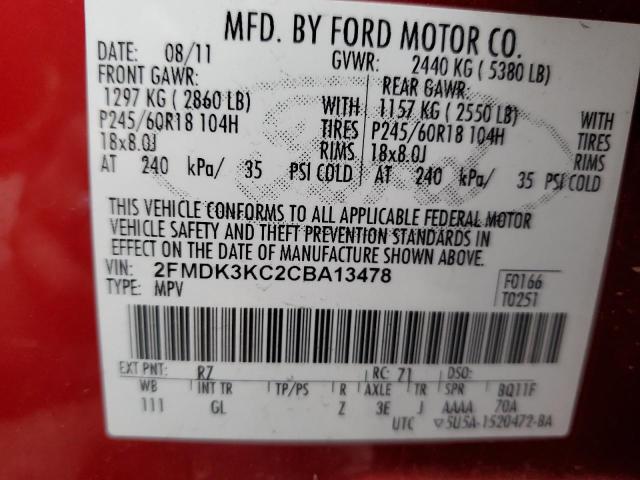 2FMDK3KC2CBA13478 - 2012 FORD EDGE LIMITED RED photo 12