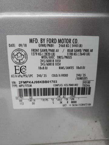 2FMPK4J98KBB01703 - 2019 FORD EDGE SEL SILVER photo 13