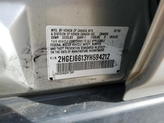 2HGEJ6613YH594212 - 2000 HONDA CIVIC BASE 灰色 照片 12