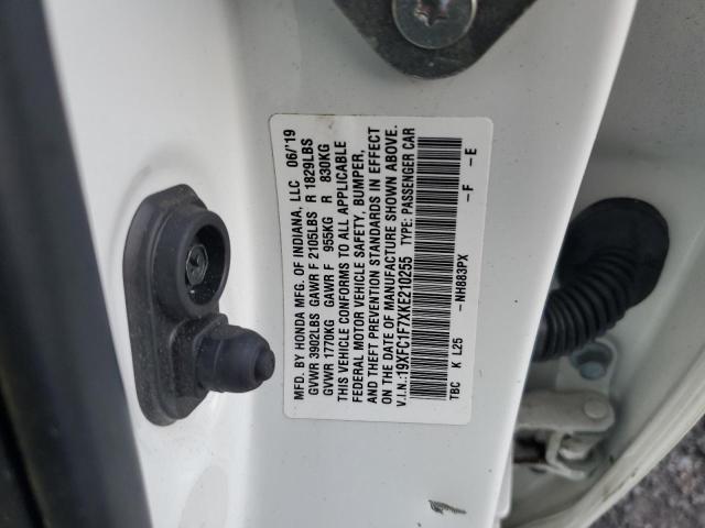 19XFC1F7XKE210255 - 2019 HONDA CIVIC EXL თეთრი ფოტო 12