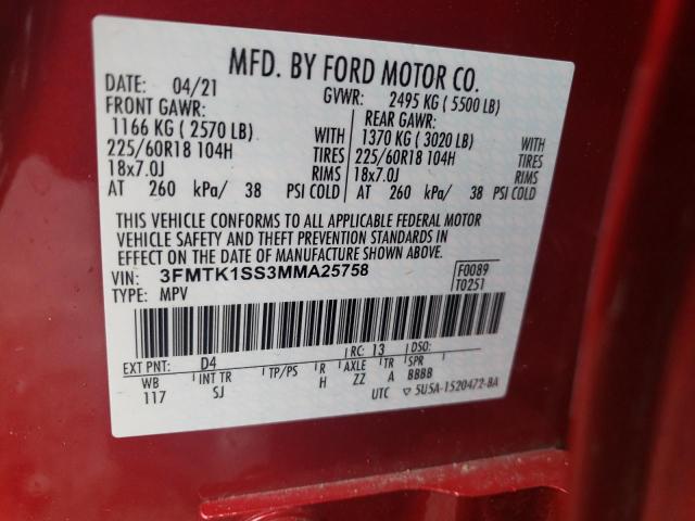 3FMTK1SS3MMA25758 - 2021 FORD MUSTANG MA SELECT RED photo 12