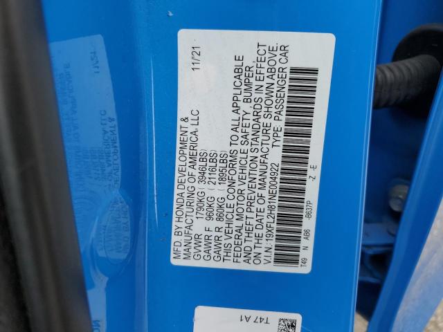 19XFL2H81NE004922 - 2022 HONDA CIVIC SPORT 蓝色 照片 12