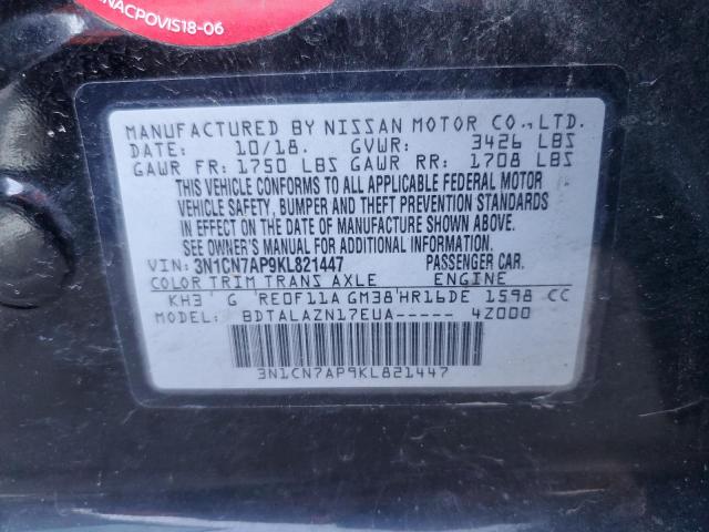 3N1CN7AP9KL821447 - 2019 NISSAN VERSA S BLACK photo 13