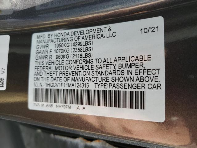 1HGCV1F11MA124316 - 2021 HONDA ACCORD LX GRAY photo 12