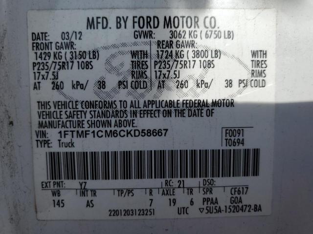 1FTMF1CM6CKD58667 - 2012 FORD F150 WHITE photo 12