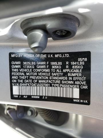 SHHFK7G47JU227001 - 2018 HONDA CIVIC SPORT 银色 照片 12