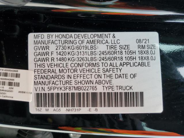 5FPYK3F87MB022765 - 2021 HONDA RIDGELINE BLACK photo 12