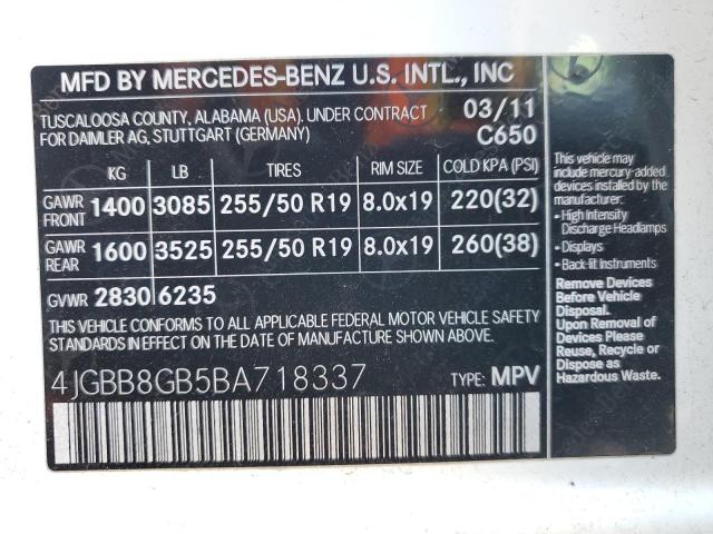 4JGBB8GB5BA718337 - 2011 MERCEDES-BENZ ML 350 4MATIC WHITE photo 13