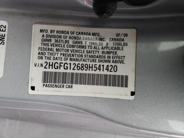 2HGFG12689H541420 - 2009 HONDA CIVIC LX SILVER photo 12