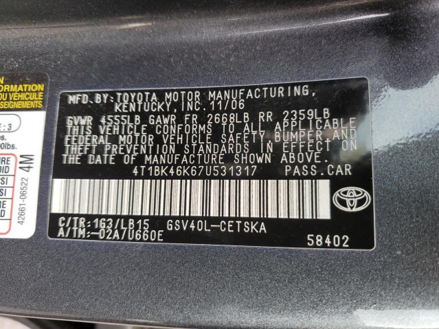 4T1BK46K67U531317 - 2007 TOYOTA CAMRY LE CHARCOAL photo 12