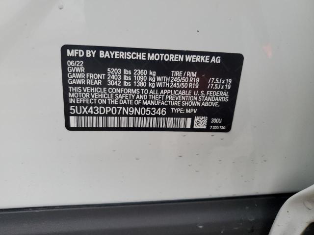 5UX43DP07N9N05346 - 2022 BMW X3 SDRIVE30I WHITE photo 14