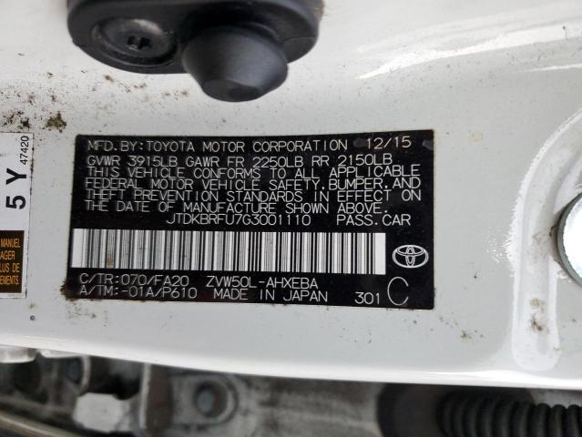 JTDKBRFU7G3001110 - 2016 TOYOTA PRIUS WHITE photo 12