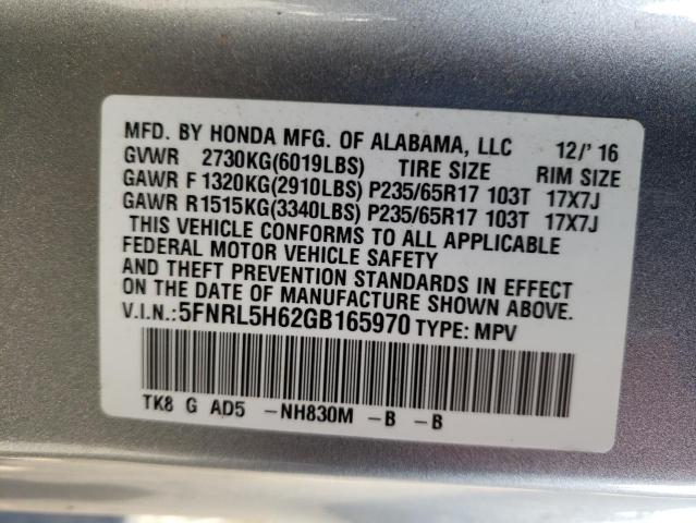 5FNRL5H62GB165970 - 2016 HONDA ODYSSEY EXL SILVER photo 13